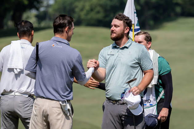 October 15, 2026, Coloane, Macao Sar, China: David BOOTE from Wales finishing his round on the 9th green.Shaking AustraliaÃ¢â‚¬â ¢s, Will FLORIMOÃ¢â‚¬â ¢s hand (R)Opening Round in the Macao Open Golf at Macau Golf & Country Club. Coloane China - ZUMAr144 20261015_zap_r144_175 Copyright: xJaynexRussellx