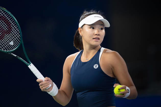 (261015) -- WUHAN, Oct. 15, 2026 -- Guo Hanyu reacts during the women s sinlges round of 16 match between Guo Hanyu of China and Elina Svitolina of Ukraine at the 2026 Wuhan Open tennis tournament in Wuhan, capital of central China s Hubei Province, Oct. 15, 2026. ) (SP)CHINA-WUHAN-TENNIS-WUHAN OPEN-WOMEN S SINGLES(CN) XiaoxYijiu 