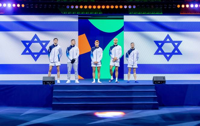 ROTTERDAM - The Israeli male gymnasts during podium training at the World Championships in Ahoy Rotterdam. IRIS VAN DEN BROEK ANP xVIxANPxSportx xxANPxIVx 572514703 originalFilename: 572514703.jpg