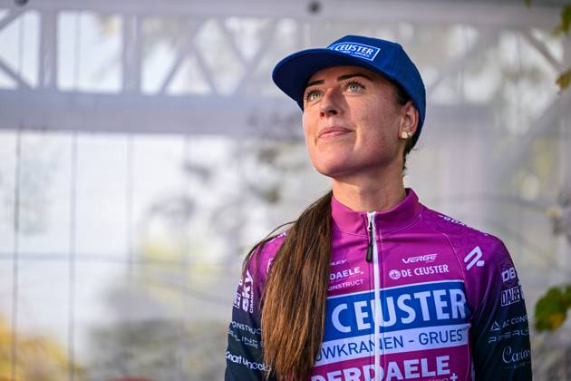 Netherlands Denise Betsema celebrates on the podium after the women elite race of the Kermiscross cyclocross cycling event, on Thursday 15 October 2026, in Ardooie. DAVIDxPINTENS  x189892275x