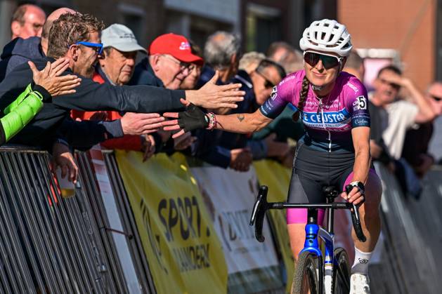Netherlands Denise Betsema crosses the finish line of the women elite race of the Kermiscross cyclocross cycling event, on Thursday 15 October 2026, in Ardooie. DAVIDxPINTENS  x189892255x