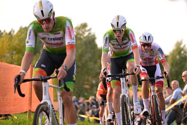 Belgium s Joran Wyseure and Belgium s Witse Meeussen pictured in action during the men elite race of the Kermiscross cyclocross cycling event, on Thursday 15 October 2026, in Ardooie. DAVIDxPINTENS  x189897658x
