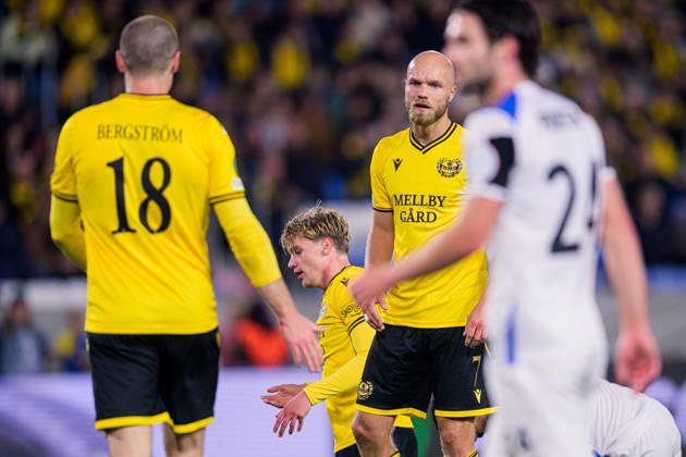 261015 Jacob Bergström, Jeppe Kjaer and Viktor Gustafson of Mjällby looks dejected during the UEFA Conference League football match between Mjällby and Inter Club d Escaldes on October 15, 2026 in Helsingborg. Photo: Christoffer Borg Mattisson BILDBYRÅN COP 261 CB0562 fotboll football soccer fotball uefa conference league conference league mjällby in bbeng depp Copyright: CHRISTOFFERxBORGxMATTISSON BB261015CB048