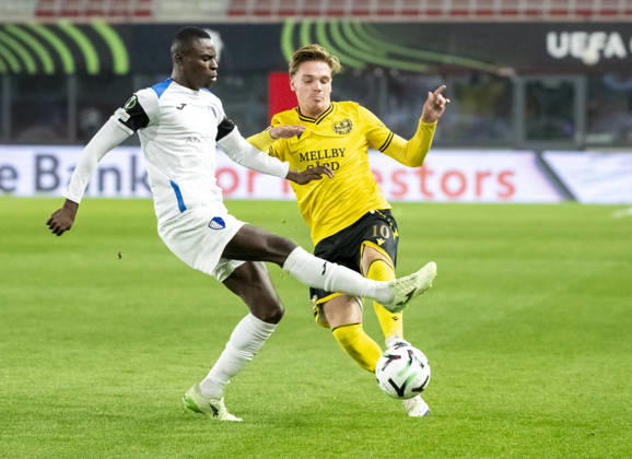 HELSINGBORG 2026-10-15 Inter Club d™Escaldes Sol Sidibe and Mjällby AIF™s Jeppe Kjaer in the UEFA Conference League match between Mjällby AIF and Inter Club d™Escaldes at Olympia in Helsingborg , Sweden, October 15, 2026. HELSINGBORG SWEDEN x50090x