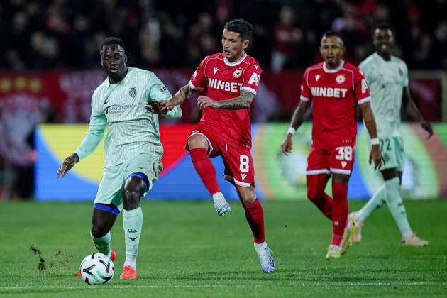 Football - UEFA Conference League - Round 1 - PFC CSKA Sofia - AS Monaco - 15.10.2026 Jordan Teze, 4 of AS Monaco FC and Stefano Sensi, 8 of PFC CSKA Sofia during UEFA Conference League - Round 1 match between PFC CSKA Sofia and AS Monaco at Vasil Levski Stadium in Sofia, Bulgaria, on October 15th, 2026 in Sofia, Bulgaria. Bulgaria Copyright: xYulianxTodorovx