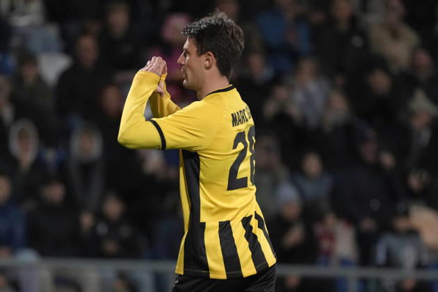Marc Gual of Kairat scelebrates after scoring from the penalty spot during a UEFA Conference League soccer match between Latvia™s Riga FC and Kazakhstan™s Kairat Almaty at Skonto Stadium in Riga, Latvia, Thursday, Oct. 15, 2026. Riga Latvia Copyright: xRomanxKoksarovx RKV01831.JPG