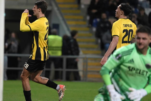 Marc Gual of Kairat scelebrates after scoring from the penalty spot during a UEFA Conference League soccer match between Latvia™s Riga FC and Kazakhstan™s Kairat Almaty at Skonto Stadium in Riga, Latvia, Thursday, Oct. 15, 2026. Riga Latvia Copyright: xRomanxKoksarovx RKV01831.JPG