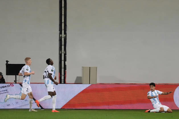 Salah Oulad M Hand of Riga FC, right, celebrates a goal during a UEFA Conference League soccer match between Latvia™s Riga FC and Kazakhstan™s Kairat Almaty at Skonto Stadium in Riga, Latvia, Thursday, Oct. 15, 2026. Riga Latvia Copyright: xRomanxKoksarovx RKV01979.JPG