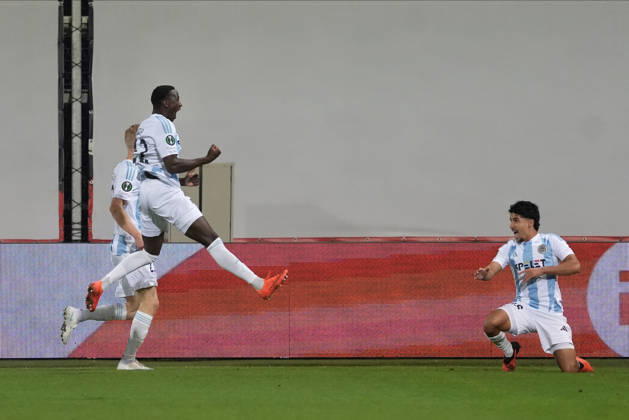 Salah Oulad M Hand of Riga FC, right, celebrates a goal during a UEFA Conference League soccer match between Latvia™s Riga FC and Kazakhstan™s Kairat Almaty at Skonto Stadium in Riga, Latvia, Thursday, Oct. 15, 2026. Riga Latvia Copyright: xRomanxKoksarovx RKV01979.JPG