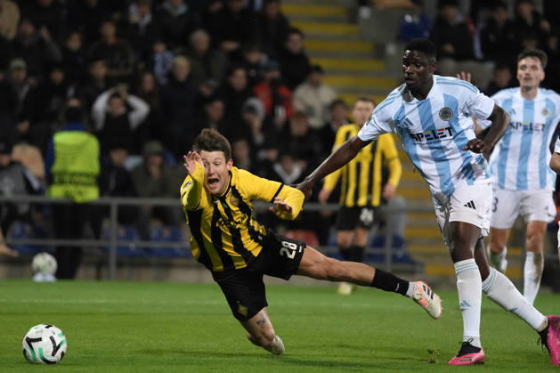 Coli Saco of Riga FC and Marc Gual of Kairat compete for the ball during a UEFA Conference League soccer match between Latvia™s Riga FC and Kazakhstan™s Kairat Almaty at Skonto Stadium in Riga, Latvia, Thursday, Oct. 15, 2026. Riga Latvia Copyright: xRomanxKoksarovx RKV02175.JPG