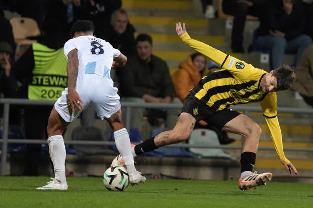 Marc Gual of Kairat and Iago Siqueira of Riga FC compete for the ball during a UEFA Conference League soccer match between Latvia™s Riga FC and Kazakhstan™s Kairat Almaty at Skonto Stadium in Riga, Latvia, Thursday, Oct. 15, 2026. Riga Latvia Copyright: xRomanxKoksarovx RKV02187.JPG