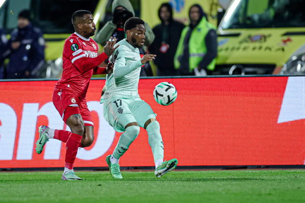 Football - UEFA Conference League - Round 1 - PFC CSKA Sofia - AS Monaco - 15.10.2026 Pastor Pastor, 2 of PFC CSKA Sofia and Stanis Idumbo, 17 of AS Monaco FC during UEFA Conference League - Round 1 match between PFC CSKA Sofia and AS Monaco at Vasil Levski Stadium in Sofia, Bulgaria, on October 15th, 2026 in Sofia, Bulgaria. Bulgaria Copyright: xYulianxTodorovx