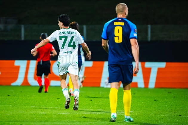 CELJE, SLOVENIA - OCTOBER 15: Panagiotis Andreou of Omonia (L) celebrate during the UEFA Europa League match between Celje (Slovenia) and Omonia (Cyprus) at Stadion Celje, Celje on October 15, 2026 in Celje, Slovenia. (Photo by Andraz Corel Sports Press Photo). Copyright: xAndrazxCorelx xSPPx Sportspressphoto_SPR257049