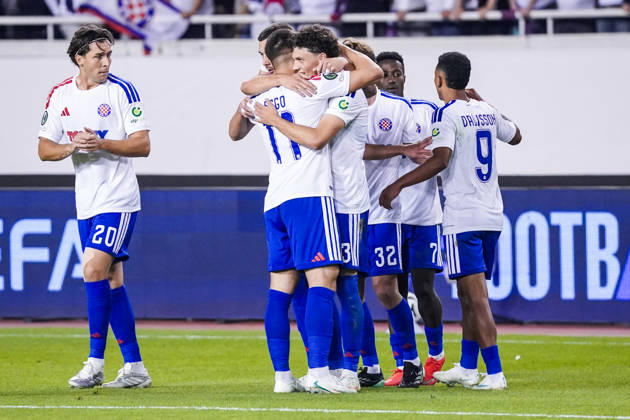 Fussball: Kroatien: UEFA Conference League 2026 2027 - 1. Runde, 15.10.2026 - HNK Hajduk Split vs. AFC Ajax Amsterdam - Stadion Poljud (Split, Kroatien); Hajduk Split bejubelt das Tor zum 2-1 durch Marin Soticek (Hajduk Split) Copyright: xLUKAxKOLANOVICx