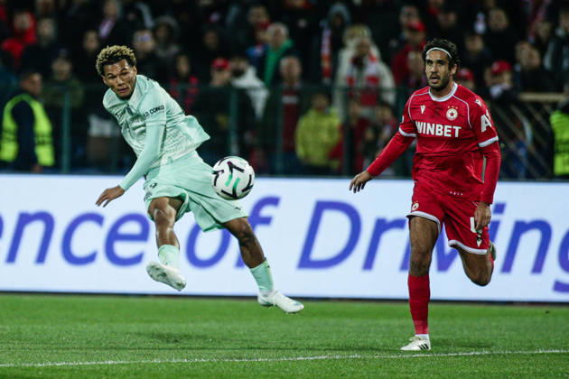 IPA89725274 - Monaco s Paris Brunner in action against CSKA s Dinis Almeida during the UEFA Conference League match between PFC CSKA and AS Monaco at Vasil Levski National Stadium in Sofia, Bulgaria, on October 15, 2026  Copyright: xIvanxSxIvanov IPAxSportx xx IPA89725274 IPA89725274