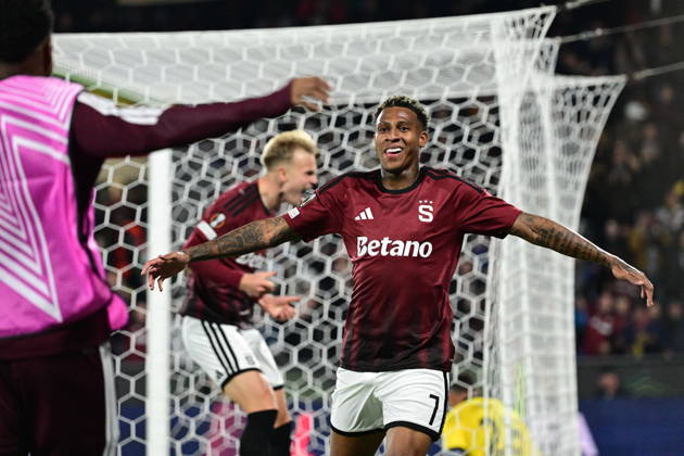 Football European League, 2nd round match Sparta Praha vs Lillestrom SK in Prague, Czech Republic, October 15, 2026. Josimar Alcocer of Sparta (right) celebrates first goal. (CTKxPhoto MichalxKamaryt) CTKPhotoP2026101508198  CTKPhotoP2026101508198