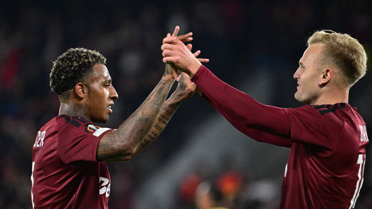 Football European League, 2nd round match Sparta Praha vs Lillestrom SK in Prague, Czech Republic, October 15, 2026. From left Josimar Alcocer and Jonatan Braut Brunes of Sparta celebrates first goal. (CTKxPhoto MichalxKamaryt) CTKPhotoP2026101508209  CTKPhotoP2026101508209