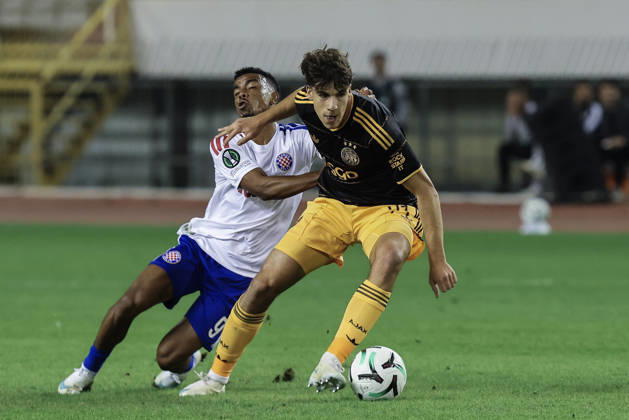 UEFA Conference League HNK Hajduk Split v AFC Ajax Dalisson de Almeida of Hajduk and Jofre Torrents of Ajax in action during the UEFA Conference League 2026 27 League Phase MD1 match between HNK Hajduk Split and AFC Ajax at Stadion Poljud on October 15, 2026 in Split, Croatia.  IvoxCagalj PIXSELL