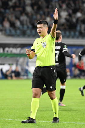 261015 AA Gent vs Aarhus referee Bulat Sariyev is pictured during Matchday 2 in the 2026-2027 Uefa Conference League season - league phase between AA Gent and AGF Aarhus on October 15 , 2026 in Gent, Belgium. (Photo by Maarten Straetemans Isosport) Gent Belgium  Copyright: xMaartenxStraetemansx GENT-AARHUS_20261015_165