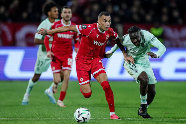 Football - UEFA Conference League - Round 1 - PFC CSKA Sofia - AS Monaco - 15.10.2026 Maks Ebong, 7 of PFC CSKA Sofia and Christian Mawissa, 13 of AS Monaco FC during UEFA Conference League - Round 1 match between PFC CSKA Sofia and AS Monaco at Vasil Levski Stadium in Sofia, Bulgaria, on October 15th, 2026 in Sofia, Bulgaria. Bulgaria Copyright: xYulianxTodorovx