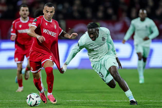 Football - UEFA Conference League - Round 1 - PFC CSKA Sofia - AS Monaco - 15.10.2026 Maks Ebong, 7 of PFC CSKA Sofia and Christian Mawissa, 13 of AS Monaco FC during UEFA Conference League - Round 1 match between PFC CSKA Sofia and AS Monaco at Vasil Levski Stadium in Sofia, Bulgaria, on October 15th, 2026 in Sofia, Bulgaria. Bulgaria Copyright: xYulianxTodorovx