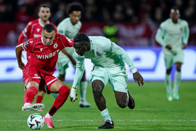 Football - UEFA Conference League - Round 1 - PFC CSKA Sofia - AS Monaco - 15.10.2026 Maks Ebong, 7 of PFC CSKA Sofia and Christian Mawissa, 13 of AS Monaco FC during UEFA Conference League - Round 1 match between PFC CSKA Sofia and AS Monaco at Vasil Levski Stadium in Sofia, Bulgaria, on October 15th, 2026 in Sofia, Bulgaria. Bulgaria Copyright: xYulianxTodorovx