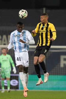 Ahmed Ankrah of Riga FC and Edmilson of Kairat compete for the ball during a UEFA Conference League soccer match between Latvia™s Riga FC and Kazakhstan™s Kairat Almaty at Skonto Stadium in Riga, Latvia, Thursday, Oct. 15, 2026. Riga Latvia Copyright: xRomanxKoksarovx RKV02382.JPG