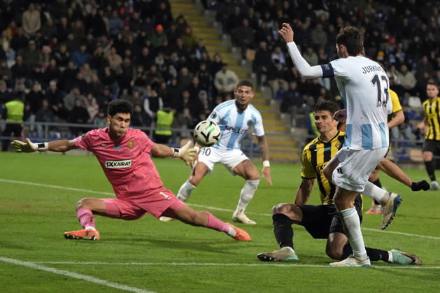 Temirlan Anarbekov of Kairat and Raivis Jurkovskis of Riga FC compete for the ball during a UEFA Conference League soccer match between Latvia™s Riga FC and Kazakhstan™s Kairat Almaty at Skonto Stadium in Riga, Latvia, Thursday, Oct. 15, 2026. Riga Latvia Copyright: xRomanxKoksarovx RKV02554.JPG