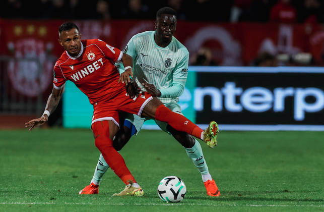CSKA vs AS Monaco - UEFA Conference League SOFIA, BULGARIA-OCTOBER 15: Jordan Teze (R) of AS Monaco in action against Leo Pereira (L) of CSKA during the UEFA Conference League - League Phase, Matchday 1 between teams of CSKA and AS Monaco at Vasil Levski National Stadium in Sofia, Bulgaria, 15 October 2026. Borislav Troshev Anadolu Sofia Bulgaria. Editorial use only. Please get in touch for any other usage.  Copyright: x2026xAnadoluxBorislavxTroshevx
