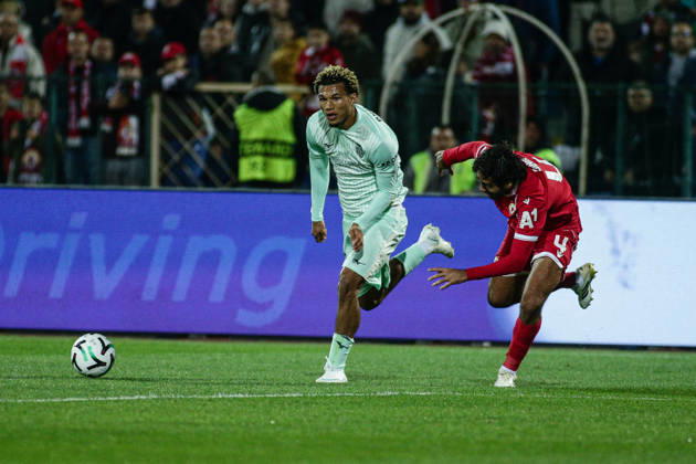 SOCCER - UEFA Conference League - CSKA vs. AS Monaco Photo by IPA ABACAPRESS.COM89725317 - Monaco s Paris Brunner in action against CSKA s Dinis Almeida during the UEFA Conference League match between PFC CSKA and AS Monaco at Vasil Levski National Stadium in Sofia, Bulgaria, on October 15, 2026 Sofia Bulgaria  Copyright: xIPAxSport ABACAx