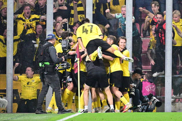 Football European League, 2nd round match Sparta Praha vs Lillestrom SK in Prague, Czech Republic, October 15, 2026. Soccer players of Lillestrom SK celebrate goal. (CTKxPhoto MichalxKamaryt) CTKPhotoP2026101508466  CTKPhotoP2026101508466