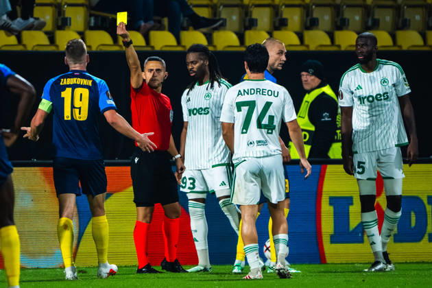 CELJE, SLOVENIA - OCTOBER 15: Mark Zabukovnik of Celje (L) yellow card during the UEFA Europa League match between Celje (Slovenia) and Omonia (Cyprus) at Stadion Celje, Celje on October 15, 2026 in Celje, Slovenia. (Photo by Andraz Corel Sports Press Photo). Copyright: xAndrazxCorelx xSPPx Sportspressphoto_SPR257101