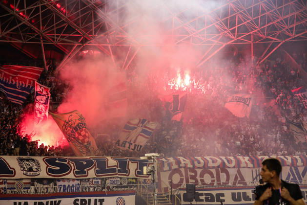 UEFA Conference League HNK Hajduk Split v AFC Ajax Torcida, Hajduk Split supporters set off pyrotechnic fires during the UEFA Conference League 2026 27 League Phase MD1 match between HNK Hajduk Split and AFC Ajax at Stadion Poljud on October 15, 2026 in Split, Croatia.  IvoxCagalj PIXSELL