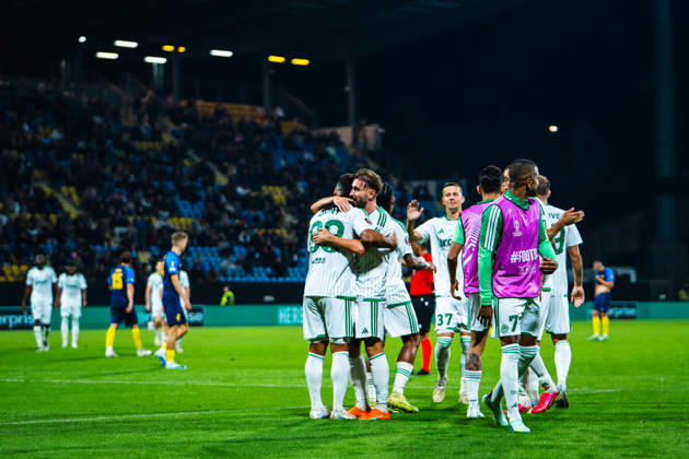 CELJE, SLOVENIA - OCTOBER 15: Muamer Tankovic of Omonia (L) celebrate score during the UEFA Europa League match between Celje (Slovenia) and Omonia (Cyprus) at Stadion Celje, Celje on October 15, 2026 in Celje, Slovenia. (Photo by Andraz Corel Sports Press Photo). Copyright: xAndrazxCorelx xSPPx Sportspressphoto_SPR257107