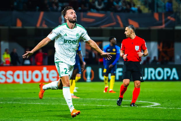 CELJE, SLOVENIA - OCTOBER 15: Muamer Tankovic of Omonia (L) celebrate score during the UEFA Europa League match between Celje (Slovenia) and Omonia (Cyprus) at Stadion Celje, Celje on October 15, 2026 in Celje, Slovenia. (Photo by Andraz Corel Sports Press Photo). Copyright: xAndrazxCorelx xSPPx Sportspressphoto_SPR257113