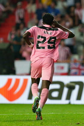 Jules Ahoka celebrating after scoring goal during UEFA Europa League 2026 2027 league phase game between teams of Torreense and Sunderland (Miguel Clemente Ball Raw Images) Leiria Estadio Dr. Magalhaes Pessoa Portugal Copyright: xMiguelxClementex Clemente_TORvSUN-12
