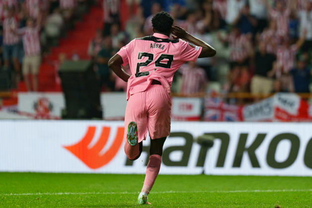 Jules Ahoka celebrating after scoring goal during UEFA Europa League 2026 2027 league phase game between teams of Torreense and Sunderland (Miguel Clemente Ball Raw Images) Leiria Estadio Dr. Magalhaes Pessoa Portugal Copyright: xMiguelxClementex Clemente_TORvSUN-13