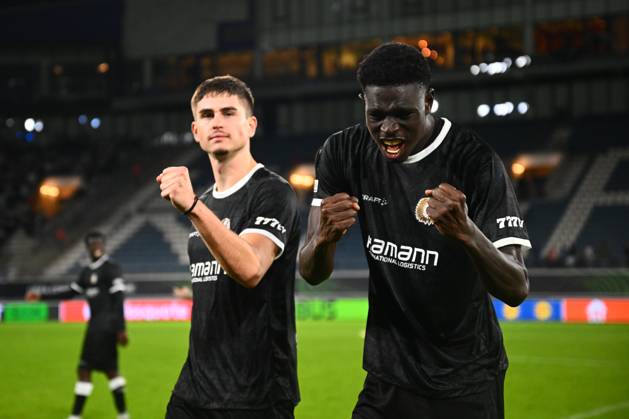 KAA Gent v AGF Aarhus - UEFA Conference League GENT, BELGIUM - OCTOBER 15 : Paskotsi Kaksim defender of KAA Gent and Goore Hyllarion Bi forward of KAA Gent celebrating the during the UEFA Conference League 2026 27 League Phase matchday 1 match between KAA Gent and AGF Aarhus on October 15, 2026 in Gent, Belgium, 15 10 2026 Gent Belgium  Copyright: xGvgx