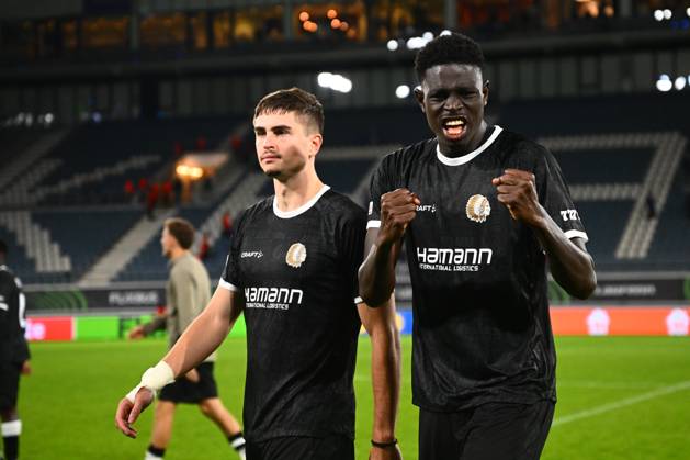 KAA Gent v AGF Aarhus - UEFA Conference League GENT, BELGIUM - OCTOBER 15 : Paskotsi Kaksim defender of KAA Gent and Goore Hyllarion Bi forward of KAA Gent celebrating the during the UEFA Conference League 2026 27 League Phase matchday 1 match between KAA Gent and AGF Aarhus on October 15, 2026 in Gent, Belgium, 15 10 2026 Gent Belgium  Copyright: xGvgx