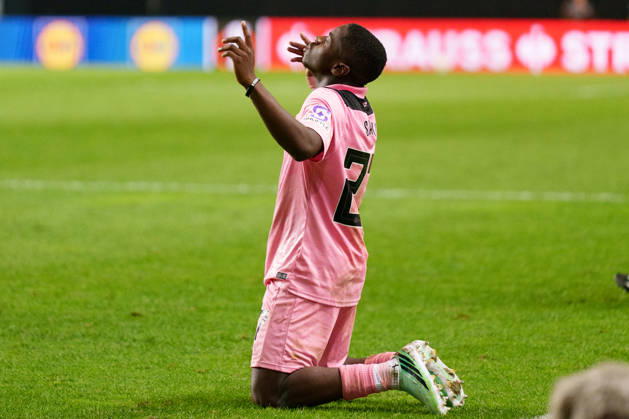 Noah Sadiki celebrating after scoring goal seen during UEFA Europa League 2026 2027 league phase game between teams of Torreense and Sunderland (Miguel Clemente Ball Raw Images) Leiria Estadio Dr. Magalhaes Pessoa Portugal Copyright: xMiguelxClementex Clemente_TORvSUN-18