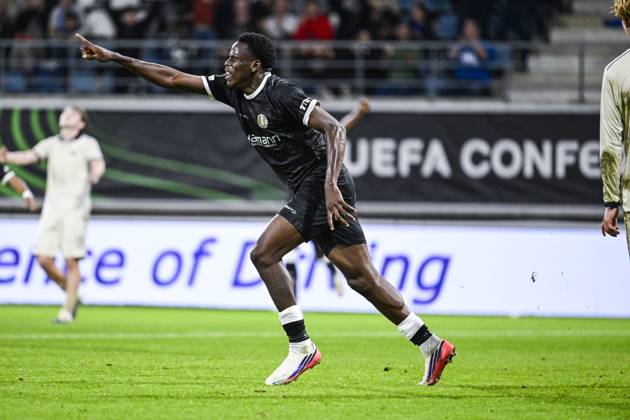 Gent s Hyllarion Goore celebrates after scoring during a soccer game between Belgian KAA Gent and Danish Aarhus GF, Thursday 15 October 2026 in Gent, the opening match of the UEFA Conference League league phase. TOMxGOYVAERT  x189922169x
