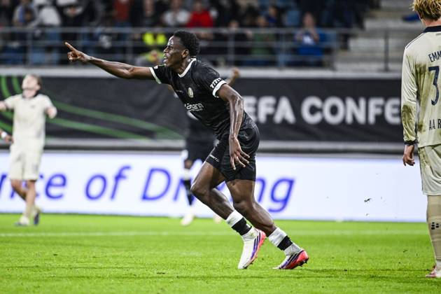 Gent s Hyllarion Goore celebrates after scoring during a soccer game between Belgian KAA Gent and Danish Aarhus GF, Thursday 15 October 2026 in Gent, the opening match of the UEFA Conference League league phase. TOMxGOYVAERT  x189922180x