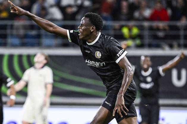 Gent s Hyllarion Goore celebrates after scoring during a soccer game between Belgian KAA Gent and Danish Aarhus GF, Thursday 15 October 2026 in Gent, the opening match of the UEFA Conference League league phase. TOMxGOYVAERT  x189922238x