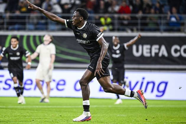 Gent s Hyllarion Goore celebrates after scoring during a soccer game between Belgian KAA Gent and Danish Aarhus GF, Thursday 15 October 2026 in Gent, the opening match of the UEFA Conference League league phase. TOMxGOYVAERT  x189922231x