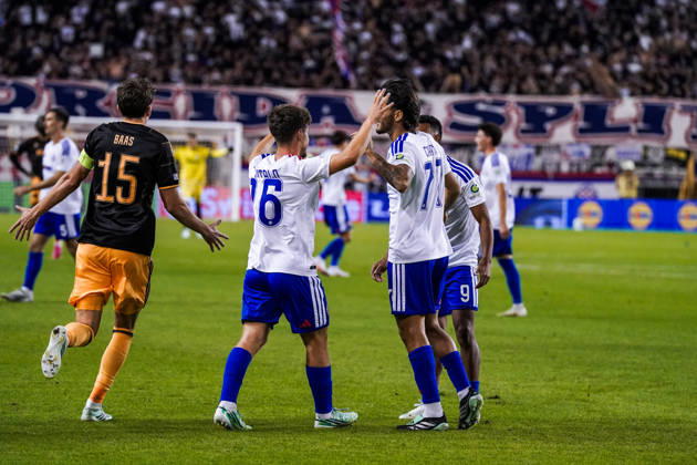 Fussball: Kroatien: UEFA Conference League 2026 2027 - 1. Runde, 15.10.2026 - HNK Hajduk Split vs. AFC Ajax Amsterdam - Stadion Poljud (Split, Kroatien); Hajduk Split Spieler bejubeln den Sieg Copyright: xLUKAxKOLANOVICx