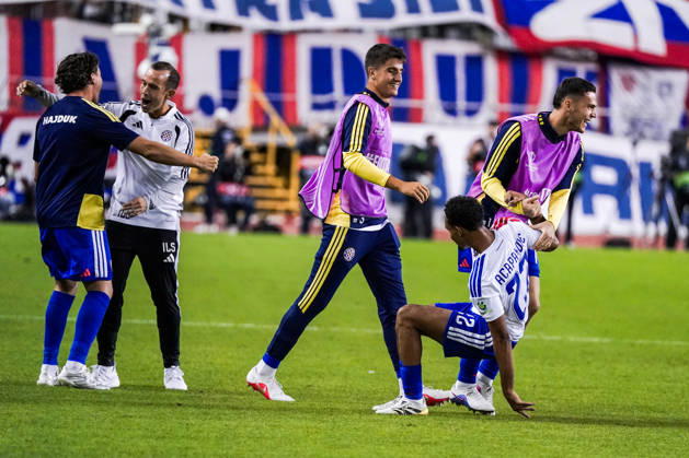 Fussball: Kroatien: UEFA Conference League 2026 2027 - 1. Runde, 15.10.2026 - HNK Hajduk Split vs. AFC Ajax Amsterdam - Stadion Poljud (Split, Kroatien); Hajduk Split Spieler bejubeln den Sieg Copyright: xLUKAxKOLANOVICx