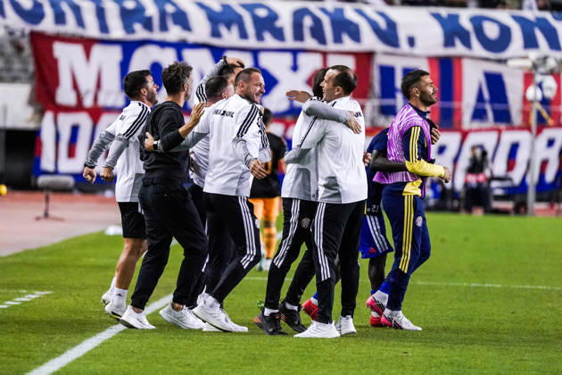 Fussball: Kroatien: UEFA Conference League 2026 2027 - 1. Runde, 15.10.2026 - HNK Hajduk Split vs. AFC Ajax Amsterdam - Stadion Poljud (Split, Kroatien); Hajduk Split Spieler bejubeln den Sieg Copyright: xLUKAxKOLANOVICx