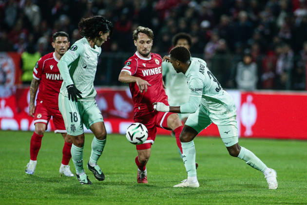 SOCCER - UEFA Conference League - CSKA vs. AS Monaco Photo by IPA ABACAPRESS.COM89726347 - Monaco s Ansu Fati and Takumi Minamino in action against CSKA s Angelo Martino during the UEFA Conference League match between PFC CSKA and AS Monaco at Vasil Levski National Stadium in Sofia, Bulgaria, on October 15, 2026 Sofia Bulgaria  Copyright: xIPAxSport ABACAx
