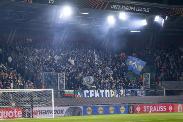 NIJMEGEN - supporters of Levski Sofia during the UEFA Europa League match between N.E.C. and Levski Sofia at Stadion De Goffert on 15 October 2026 in Nijmegen , Nederland. (Photo by DeFodi Images) -