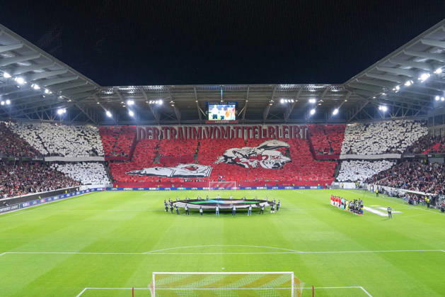 Choreografie der Fans, Ultras, Fahne, Tribüne, Choreographie , Deutschland, Fussball, UEFA Conference League, 1. Spieltag, Ligaphase , 2026 2027, SC Freiburg vs. FK Jablonec, 15.10.2026, Europa-Park Stadion, Freiburg Freiburg Europa-Park Stadion Baden-Württemberg Deutschland Copyright: xArnexAmbergx